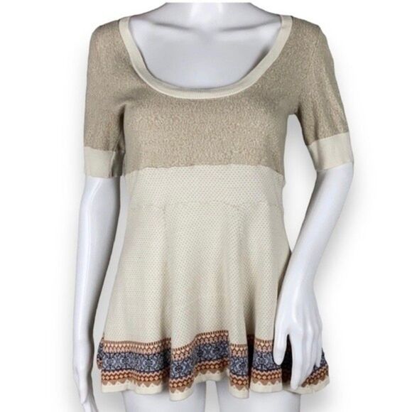 Free People Cream Fair Isle Short Sleeve Knit Top Size XS - Picture 1 of 9